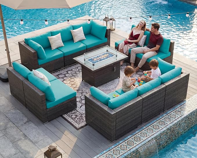 BULEXYARD 11 Piece High Back Outdoor Patio Set with Firepit, Extra Large Backyard Furniture Sectional Couch 10-Seater Modular, XL Big Wide Deep Outside Seating Area for Exterior, Grey & Turquoise