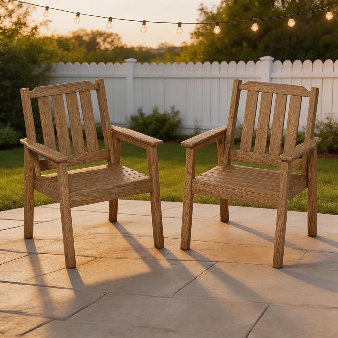 Outdoor Dining Chairs Set of 2, HDPE Patio Chairs 650LBS Capacity All-Weather Yard Armchair with Slatted Seat, 23.9" Wide Heavy Duty Modern Backyard Furniture for Garden, Poolside, Deck (Natural)