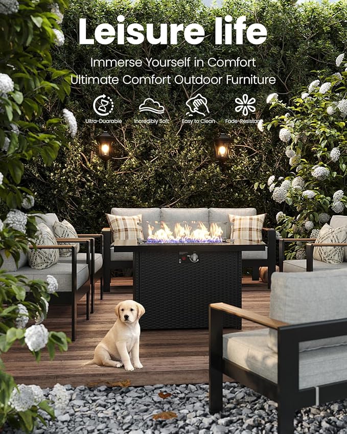 7 Pieces Aluminum Outdoor Patio Furniture Set with Fire Pit Table, Outside Metal Patio Conversation Sets with Deep Seating and Thick Cushions
