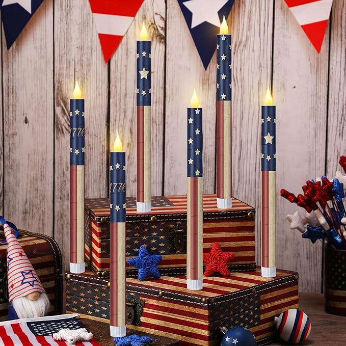 Honoson 6 Pcs USA Patriotic Flameless Taper Candles 250th Anniversary 10.6 Inch Memorial Day Red White and Blue Candles Battery Operated LED Candlesticks for 4th of July Table Home Party Decoration