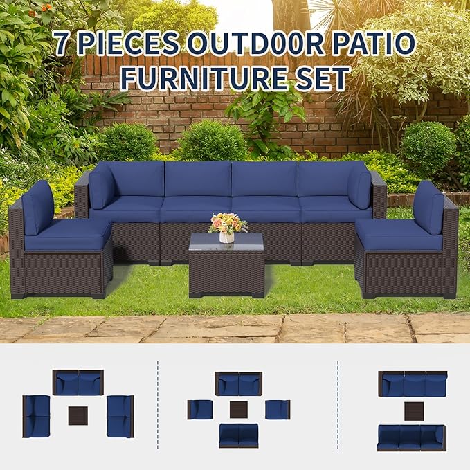 7 Piece Patio Furniture Set, Wicker Patio Conversation Sets, Outdoor Sectional Furniture with Tempered Glass Table, for Backyard, Deck, Garden, Dark Brown Rattan & Dark Blue Cushions