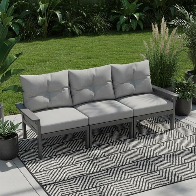 HDPE 3 Piece Patio Furniture Set, All-Weather Outdoor Couch Set with Thick Cushions, Patio Conversation Sets for Lawn, Garden, Porch, Balcony, Deck, Poolside, Grey
