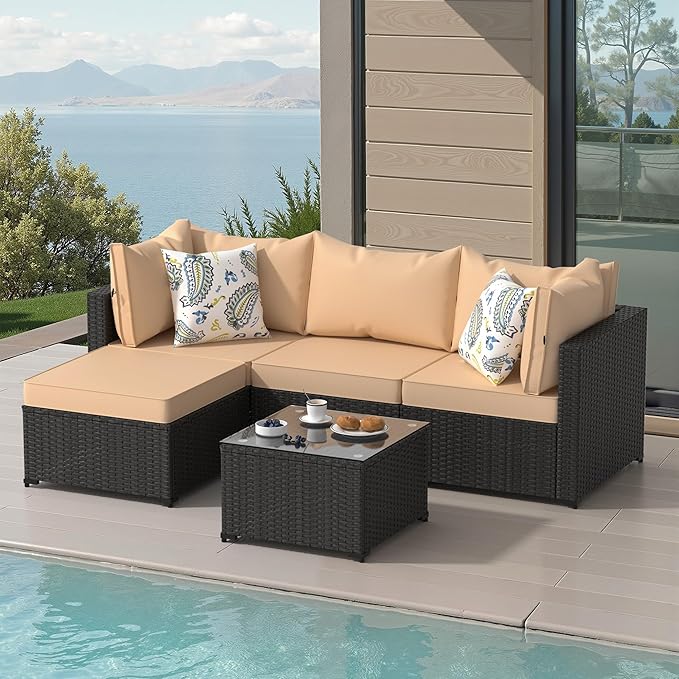 Patio Furniture Set, 5PCS Outdoor Sectional with Ottoman Wicker Rattan Patio Couch with Thickened Cushion Modular Wicker Patio Conversation Set with Glass Top Table for Balcony, Backyard(Khaki)