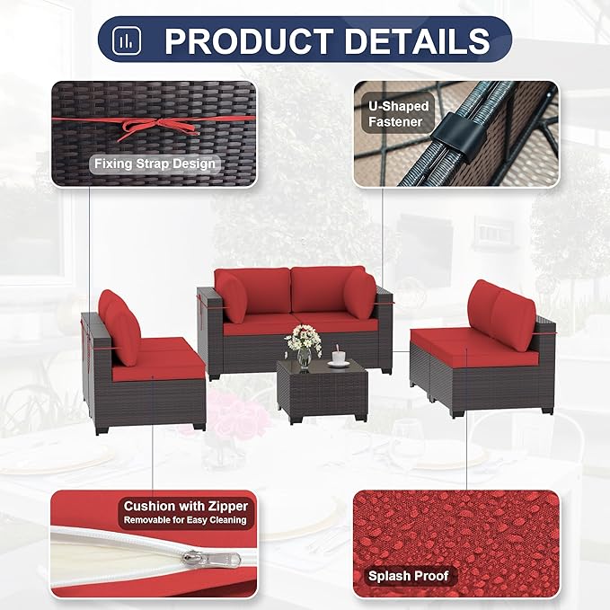 Patio Furniture Set 7PCS Outdoor Furniture for Backyard Sectional Sofa Set, Rattan Wicker Patio Conversation Set with 4 Inch Thickened Cushions and Glass Coffee Table, Red