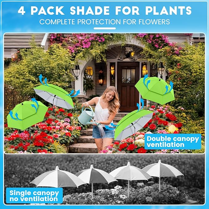 4 Pack 24.9" Double Canopy 47.2" Height Plant Umbrellas for Outdoor Plants, 3D Stakes 360° Adjustable Plant Shades for Outdoor Plants, Garden