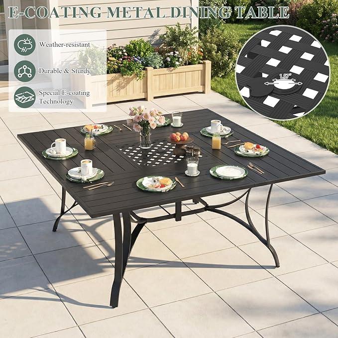 9 Pieces Patio Table and Chairs Set, 59.6" Square Dining Table with Umbrella Hole, 8 High Back Textilene Swivel Chairs,Dining Table Set for 8,Outdoor Furniture for Porch Deck Yard Balcony, Grey