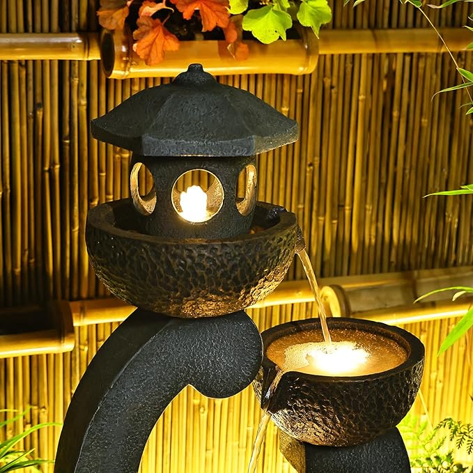 Bumilgar 35.24”H Zen Outdoor Water Fountain Garden, Japanese Lantern Multi-Tier Waterfall Fountain Water Feature with Lights for Patio, Garden & Porch