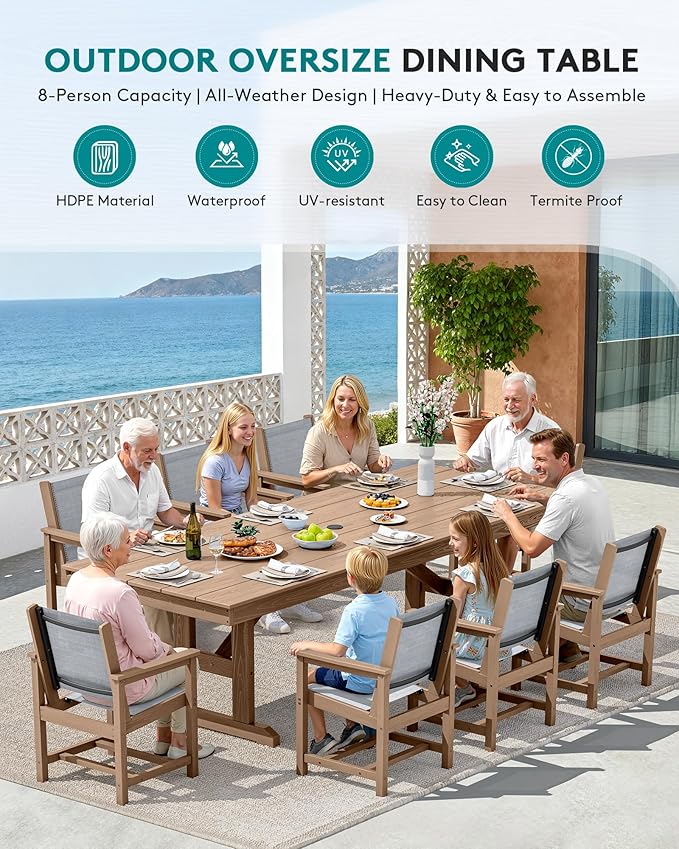 SERWALL 9 Piece Outdoor Dining Set, 84" HDPE Outdoor Large Table and Textilene Sling Chairs for 8，All Weather Patio Dining Furniture Set with Umbrella Hole for Backyard, Garden, Brown