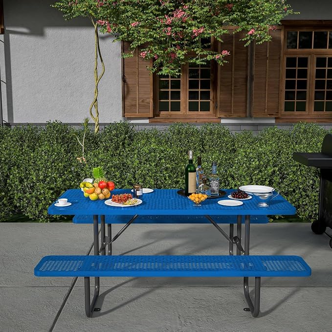 Coated Steel Heavy Duty Picnic Table for Outdoors 2200 lbs Load, Rectangular Camping Table with 1.78" Umbrella Hole, Commercial Picnic Table with Benches, Blue