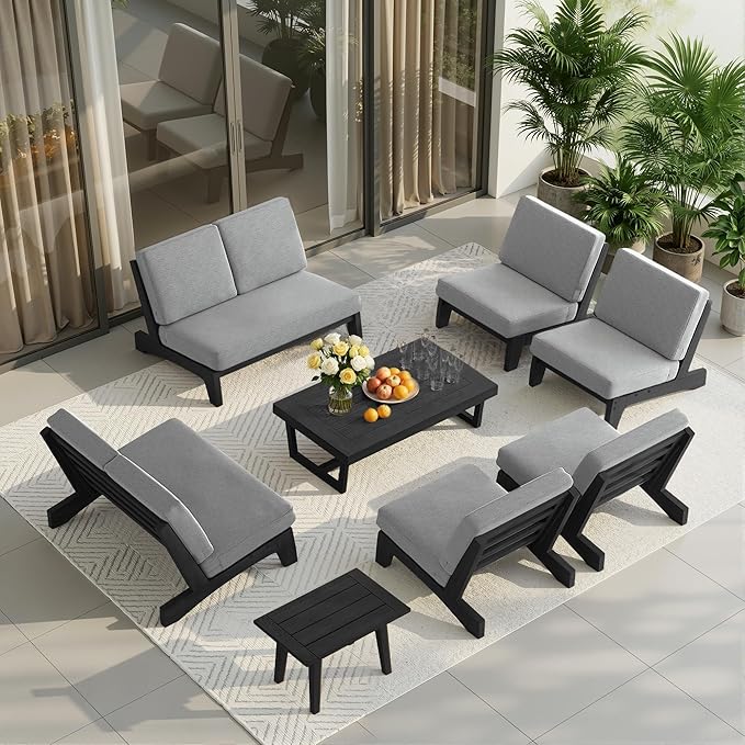 UIXE 8 Pieces All Weather Black Wood Patio Furniture Sets, 2 Patio Loveseat, 4 Patio Bistro Chair, Outdoor Sectional Sofa Furniture Backyard Conversation Set with Coffee Table - Gray