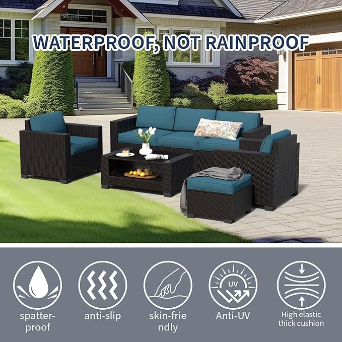 SHGJ&SOFT 7 Piece Patio Furniture Set, Wicker Outdoor Sectional Sofa with Washable Cushion Covers and Tempered Glass Table, Rattan Conversation Set for Poolside