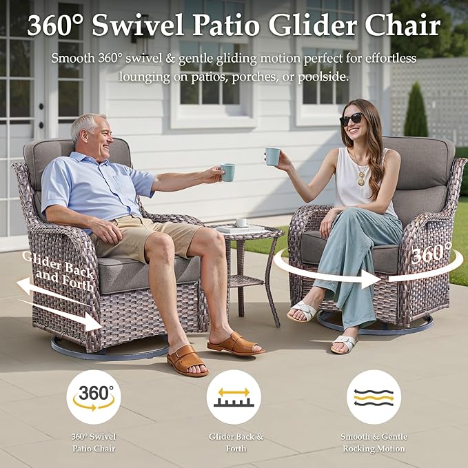 Luxury 10 Pieces Patio Furniture Set, Wicker Swivel Rocker Patio Chairs with 6" Thick Cushion, Outdoor Wicker Sofa with Coffee Table, All Weather Outdoor Conversation for Garden Porch(Brown/Grey)