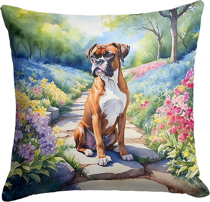 Caroline's Treasures Boxer Spring Path Throw Pillow Machine Washable, Indoor Outdoor Decorative Pillow for Couch, Bed or Patio, 18Hx18W