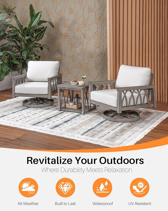 3-Piece Aluminum Swivel Patio Furniture Set, Outdoor Patio Bistro Set with 2 Swivel Sofa Armchairs and Side Table, Rustproof Patio Conversation Set with Cushions for Deck, Balcony, Limed Oak
