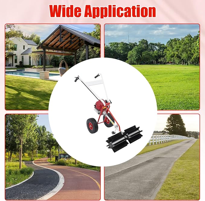 4 Stroke Gas Powered Hand Push Sweeper, Strong Power Lawn Sweeper Machine with 23in Long High-Density Brush, Artificial Grass Brush Gasoline Powered Broom for Lawn, Driveway, Snow