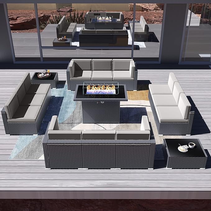 15 Pieces Patio Furniture Set with 44" Propane Gas Fire Pit Table, Outdoor Sectional Wicker Conversation Sofa Sets with Coffee Table