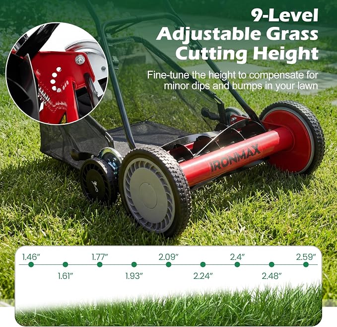 IRONMAX 18 Inch 5-Blade Push Reel Lawn Mower, 9-Level Adjustable Cutting Heights, Removable Grass Catcher, Lightweight No Motor Walk-Behind Manual Grass Cutter for Garden Yard Park (Red, 18 Inch)