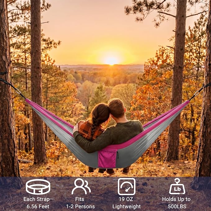 Camping Hammocks, Portable Lightweight Parachute with Tree Straps, Single or Double Hammock Without Stand, Nylon Camping Gear for Outdoor Beach Backpacking Hiking, Camping Essentials(Pink & Gray)