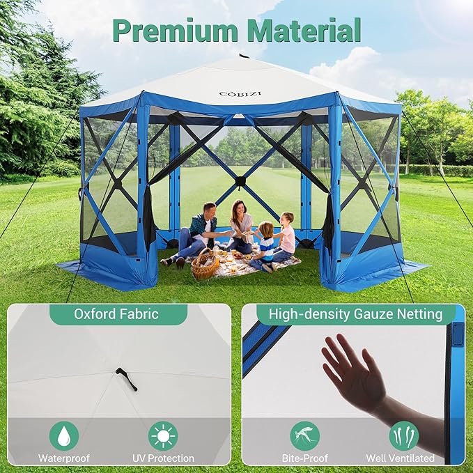 COBIZI 12x12 FT Pop Up Canopy Shelter Tent, Large Gazebos On Clearance with Sidewalls, Screened in Gazebo, Screen Tents Portable carpas para Patio for Outdoor Camping, Backyard, Garden, Beach, Blue