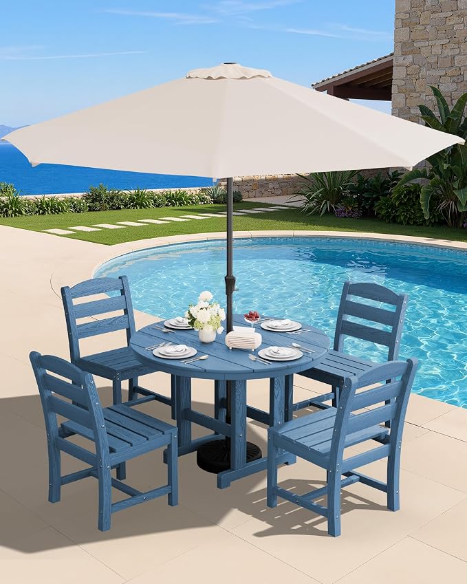 SERWALL 6-Piece Patio Dining Sets, HDPE Outdoor Table and Chairs Furniture Set with Umbrella, 45" Round Dining Table & 4 Armless Dining Chairs & 1 9FT Umbrella, Navy(Not Include Umbrella Base)