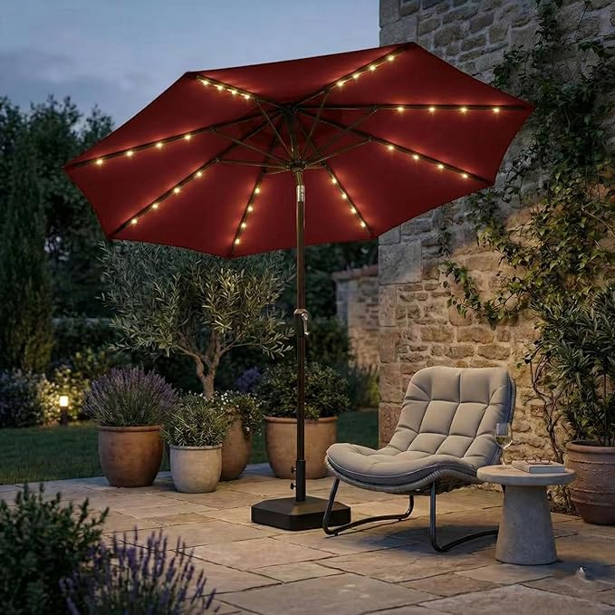 Kingdura 10FT Outdoor Patio Umbrella with Solar Lights, Market Table Umbrella with Push Button Tilt & Crank, 8 Sturdy Ribs, 32 LED Lights, UV Protection for Garden Lawn Deck Backyard Pool (Dark red)