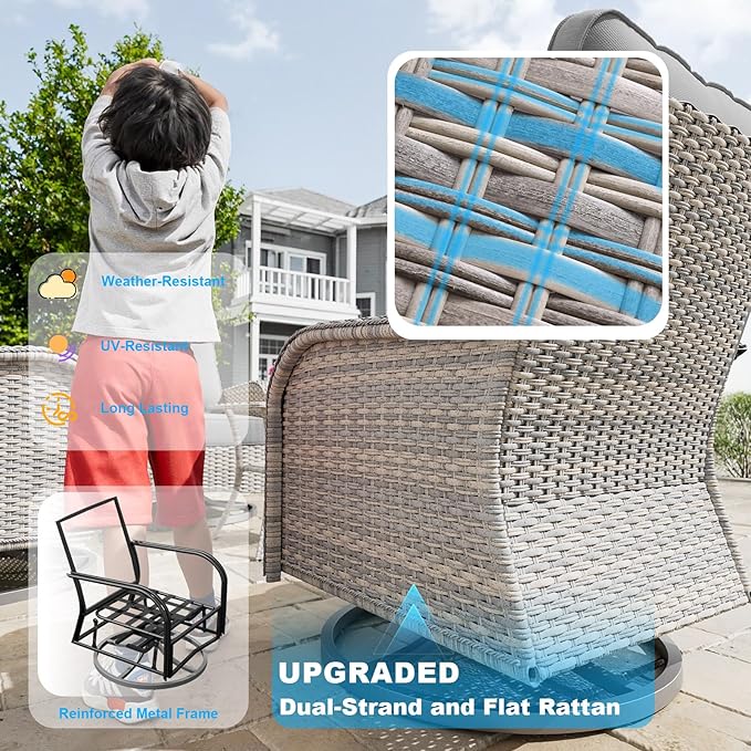 9-Piece Small Patio Furniture Set, Outdoor Swivel Rocking Chairs Set with 55,000 BTU Fire Pit Table Wicker Chairs and Ottomans, Patio Bistro Set for Balcony, Deck, Porch, Grey