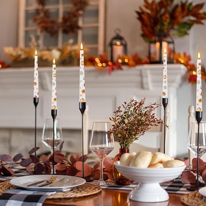 Fall Flameless Taper Candles, Pumpkin & Maple Leaf Battery Operated Candles with Remote, Real Wax Autumn Led Candlesticks, Fall, Harvest, Thanksgiving, Halloween Decorations for Home Party