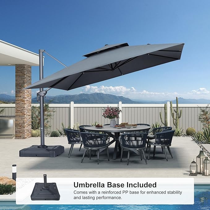 PURPLE LEAF 12 FT Cantilever Patio Umbrella Outdoor Umbrella with 330lbs Base Large Square Windproof Offset Umbrella for Pool Deck Garden, Mist Grey