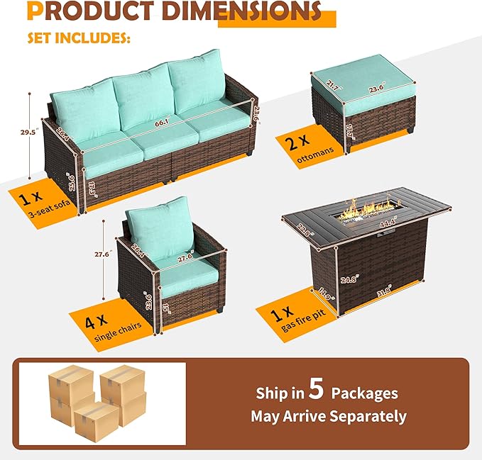 UDPATIO Patio Furniture Set with 44" Fire Pit Table, 8 Pieces Outdoor Sectional Conversation Sets, All-Weather Wicker Rattan Sofa Ottoman with 4" Thick Cushion for Garden Backyard Deck, Light Blue