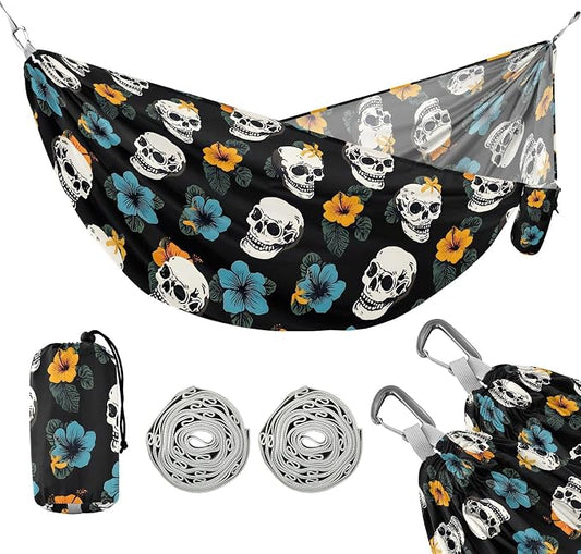 Camping Hammock Outdoor Hammocks for Outside Skull Hibiscus Flower Beach Trees Portable Lightweight with Pockets Tree Straps Indoor