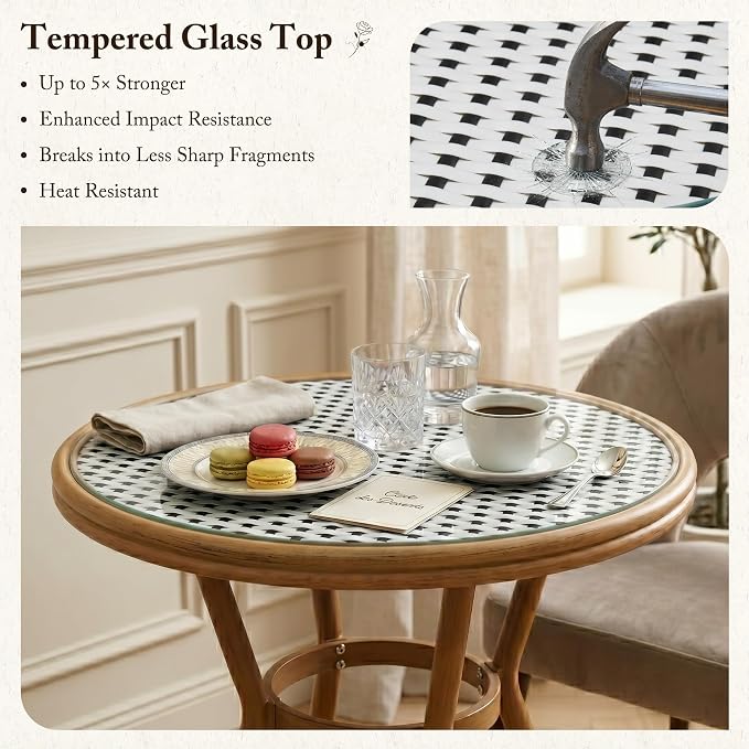 PURPLE LEAF 3-Piece French Bistro Dining Set Round Outdoor Patio Table and 2 Armless Chairs Tempered Glass Top PE Rattan Bamboo Print Finish Aluminum Frame White
