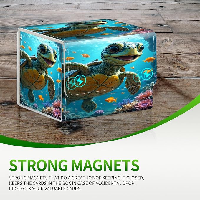 Card Deck Box for MTG, Cards Storage Box Fits 120+ Sleeved, Leather Small Size Strong Magnetic Closing Card Case for Board Games Magic TCG CCG Baseball Collection, Baby Sea Turtle