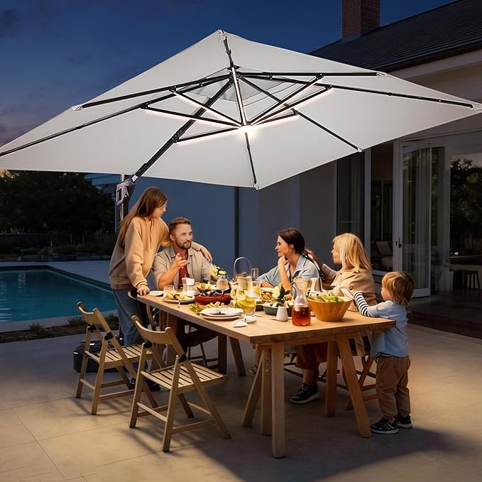 JZAC & QZYD 10X13 FT Outdoor Cantilever Patio Umbrella with Base Included and LED Lights, Large Heavy Duty 2-Tier Aluminum Offset Umbrellas with 360-Degree Rotation for Pool Deck, FogGrey