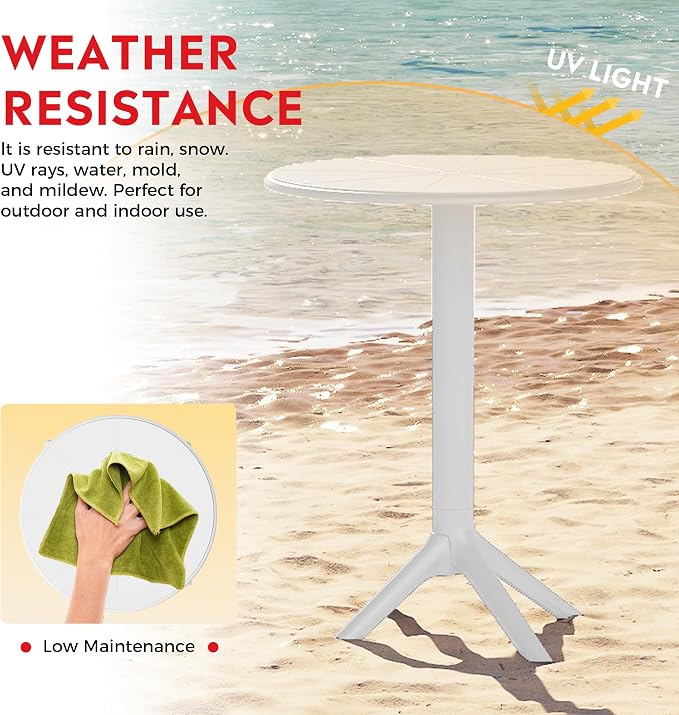 Costaelm Patio Table for 4-Person, Outdoor Patio PP Round Dining Table, All-Weather Bistro Dining Table for Backyard Deck Porch Poolside, White