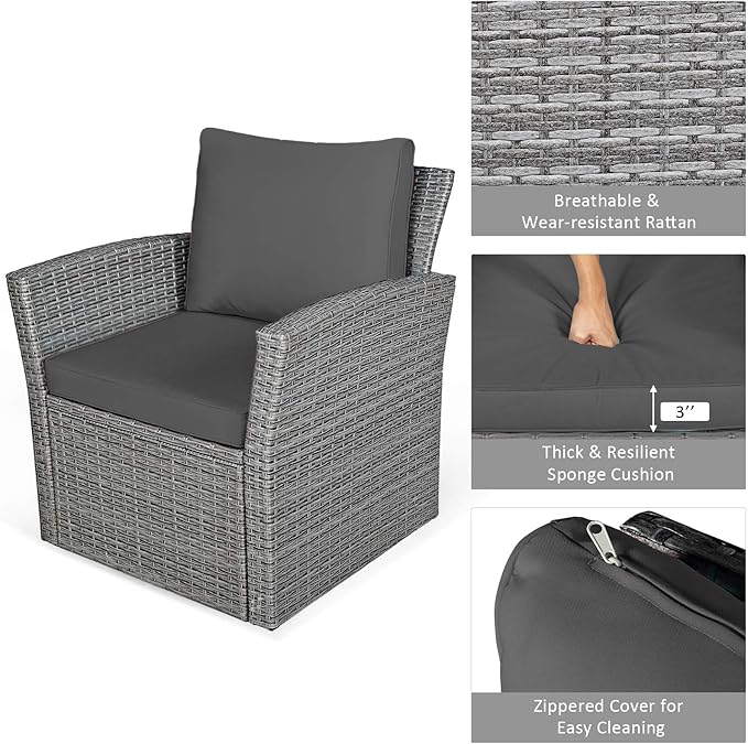 COSTWAY 4 Pieces Patio Rattan Furniture Set, Outdoor Wicker Sofa Set with Tempered Glass Coffee Table, Cushions, All Weather Rattan Conversation Set for Yard Balcony Backyard Pool (Grey)