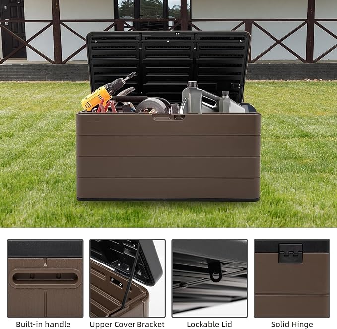 Outdoor Storage Box, 100 Gallon Plus Resin Deck Box Waterproof for Patio Furniture, Garden Tools and Pool Accessories, Lockable UV-Resistant Storage Bin Bench Cabinet for Outside, Brown