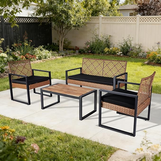 COOS BAY Haven Lounge 4 Piece Rattan Patio Furniture Set, Outdoor Wicker Patio Conversation Set for Balcony & Backyard, Light Brown/Black
