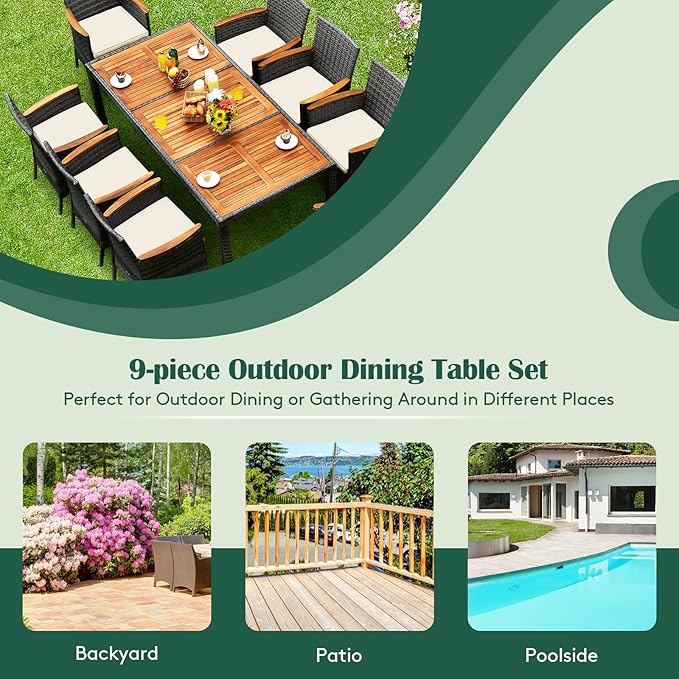 Tangkula 9 Pieces Patio Dining Set, Garden Acacia Wood and Wicker Furniture Set with 1 Rectangular Table & 8 Chairs with Cushions, Outdoor Rattan Dining Set for Patio, Yard, Poolside