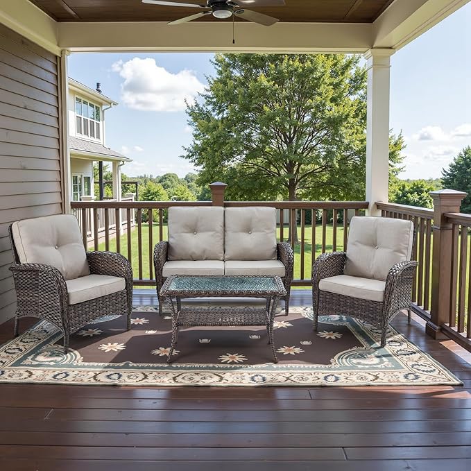 Belord Outdoor Wicker Loveseat Furniture Set of 4 with Coffee Table for Porch Deck Balcony, 4 Pieces Rattan Outdoor Conversation Sets Include 2 Club Chairs 1 Loveseat Couch 1 Coffee Table Brown/Beige