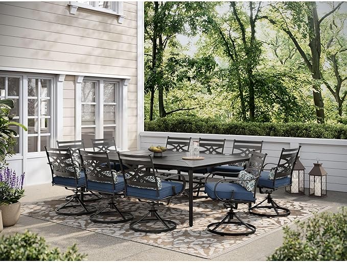Hanover Montclair 11-Piece Patio Dining Set with 10 Swivel Rocker Chairs, Accent Lumbar Pillows and 84"x60" Steel Stamped Rectangular Table, Large Outdoor Patio Dining Set for 10, Navy Blue