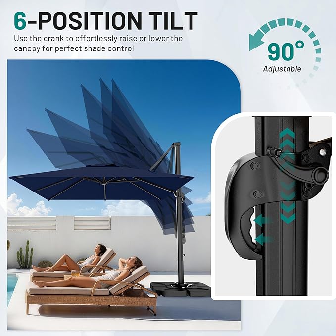 AreShark 10 × 10FT Square Cantilever Patio Umbrella with Base Included, 360° Rotation Offset Outdoor Umbrella, 5 Tilt Settings Heavy Duty Hanging Parasol for Deck Garden Pool, Navy
