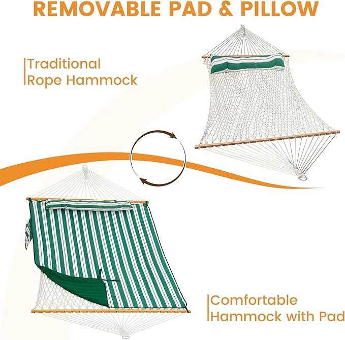 Lazy Daze Hammocks Rope Hammock with Pad, Spreader Bar, Carabiners, Tree Straps, Chains for Outside Patio- Max 450 Lbs, Green White Stripes