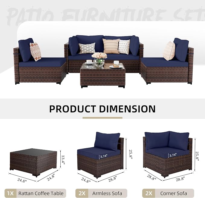 UPHA 5 Pieces Patio Furniture Sets, Wicker Outdoor Sectional Sofa Couch with Coffee Table, Patio Conversation Set for Deck Backyard Garden, Brown Rattan, Navy Blue Cushion