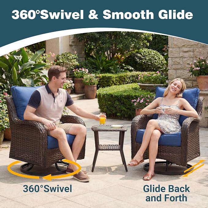 Luxury Patio Conversation Set, 7-Piece Ergonomic High Back Wicker Sofa&Swivel Chair Set with 6-Inch Deep Seating Cushions, Large Patio Furniture Set for Garden, Deck & Balcony, Navy Blue