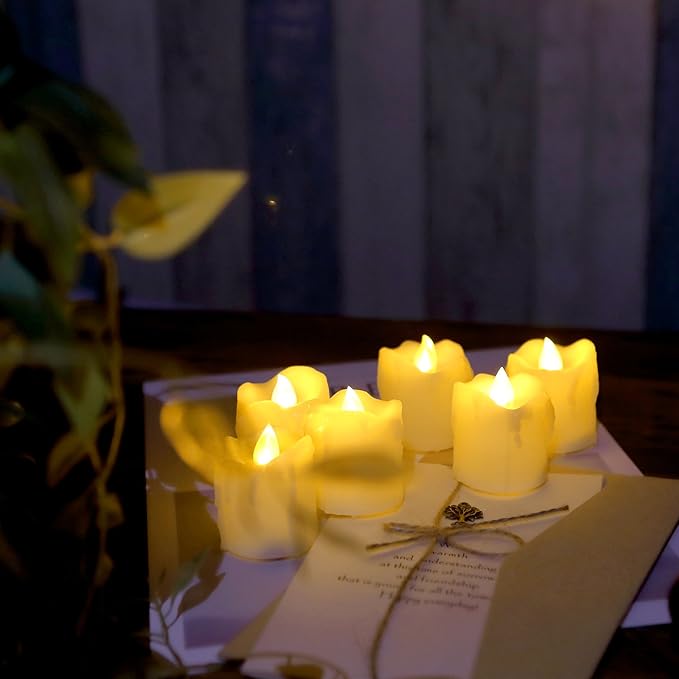 6 Battery Operated Flameless LED Votive Candles with Remote Realistic Flickering Fake Electric Tea Lights Set Bulk Baptism Wedding Party Decorations Kitchen Home Décor Centerpieces Batteries Included