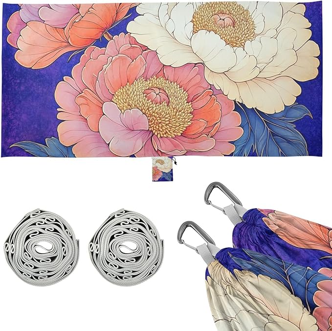 Beautiful Pink and White Peony Flowers 330lb Capacity Hammocks with Hanging Rope Cloth Hammock for Outside Beach Patio Garden Silla colgante para Patio Exterior