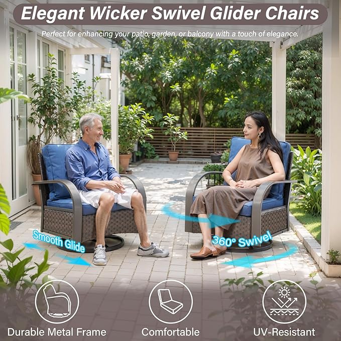 Belord Outdoor Swivel Rocker Patio Chairs Set of 2, 3 Piece Wicker Patio Bistro Set with Metals Side Table and Comfort High Back 4" Cushion Outdoor Patio Glider Chair for Balcony Deck Porch