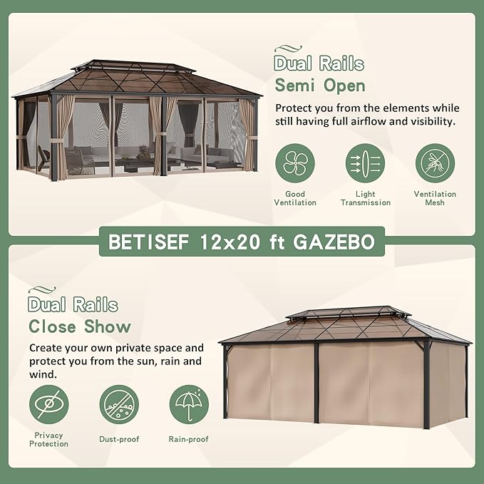 12'x20' Hardtop Gazebo, Outdoor Polycarbonate Roof Canopy, Aluminum Frame Permanent Pavilion with Curtains and Netting, Sunshade for Garden, Patio, Lawns