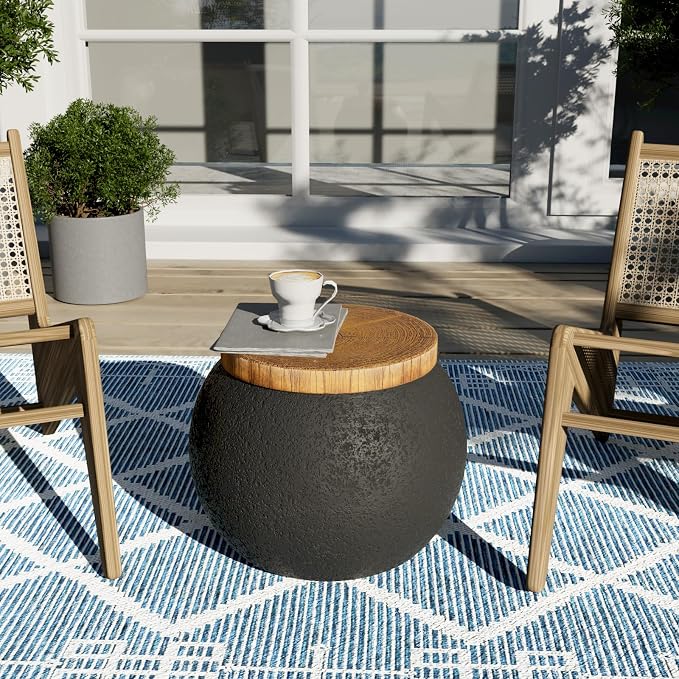COSIEST Outdoor Side Table Set of 2, Black Drum Outdoor End Tables,17" Patio Side Table, Concrete Side Tables for Outside Faux-Wood Top Accent Table Stool for Yard, Garden, Indoor