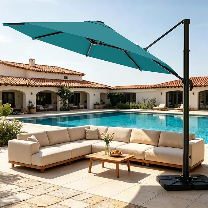 AreShark 11FT Round Cantilever Patio Umbrella with Base Included, 360° Rotation Offset Outdoor Umbrella, 5 Tilt Settings Heavy Duty Hanging Parasol for Deck Garden Pool, Lake Blue
